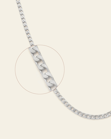 A magnified close up of sterling silver curb chain.