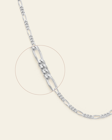 A magnified close up of sterling silver figaro chain.