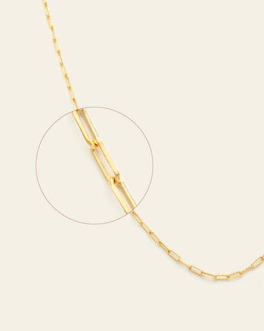 A magnified close up of gold vermeil thin staple chain.