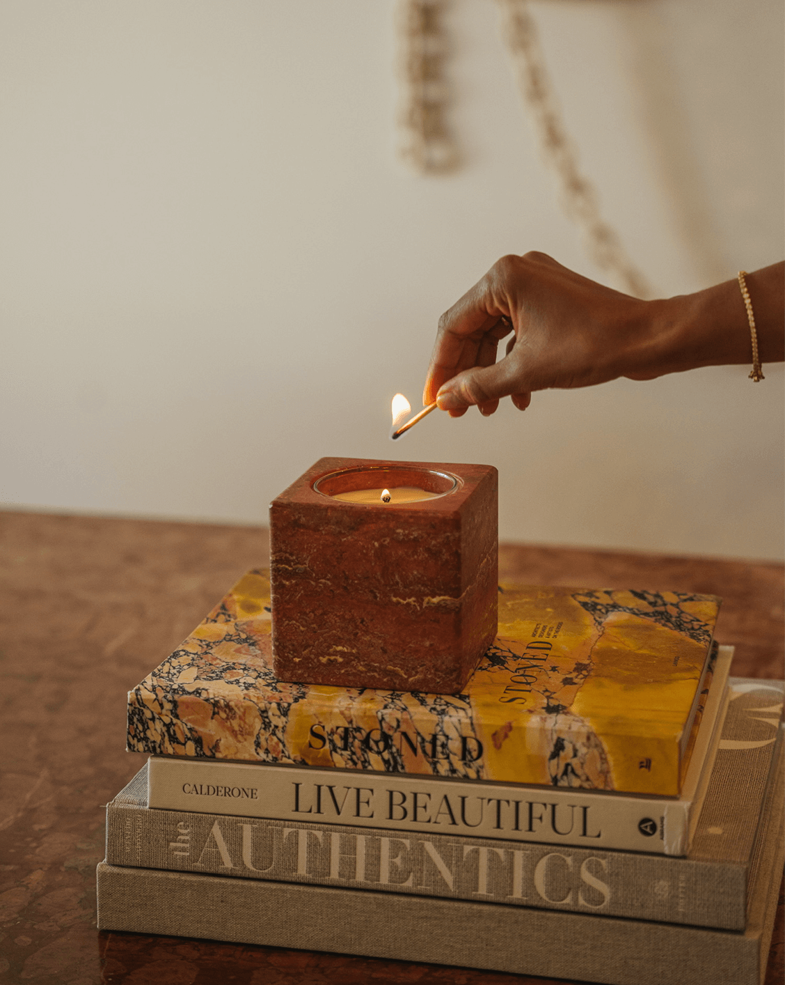 Red Travertine Stone Candle