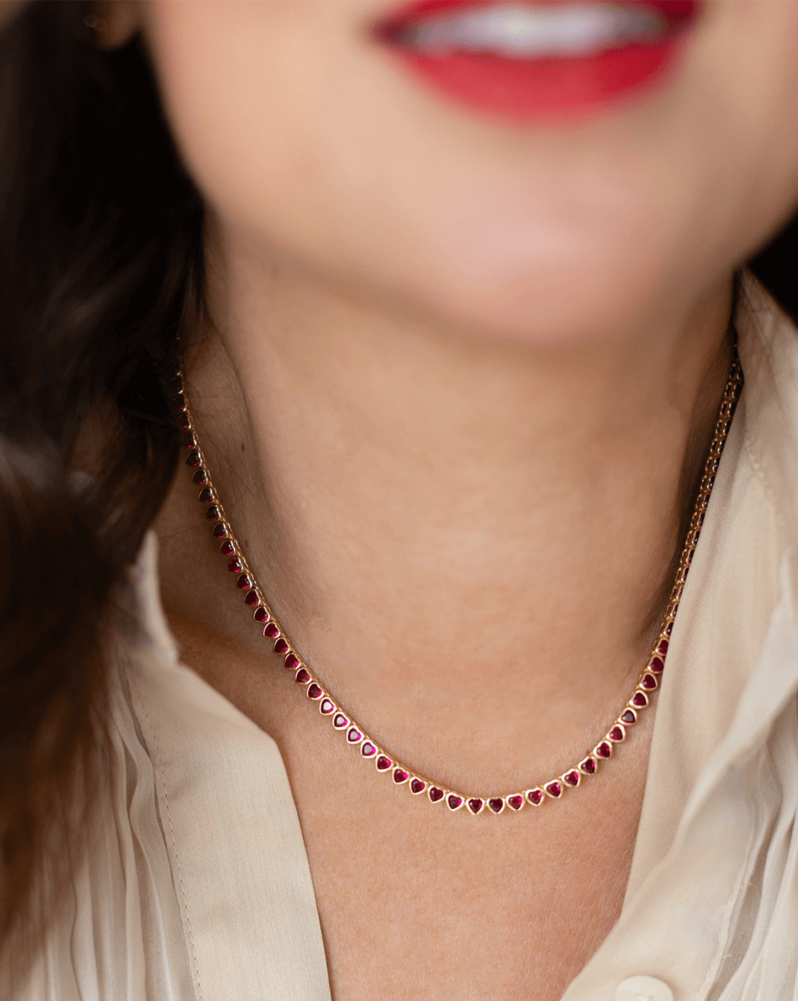 3mm Ruby Heart Tennis Necklace - Gold Vermeil