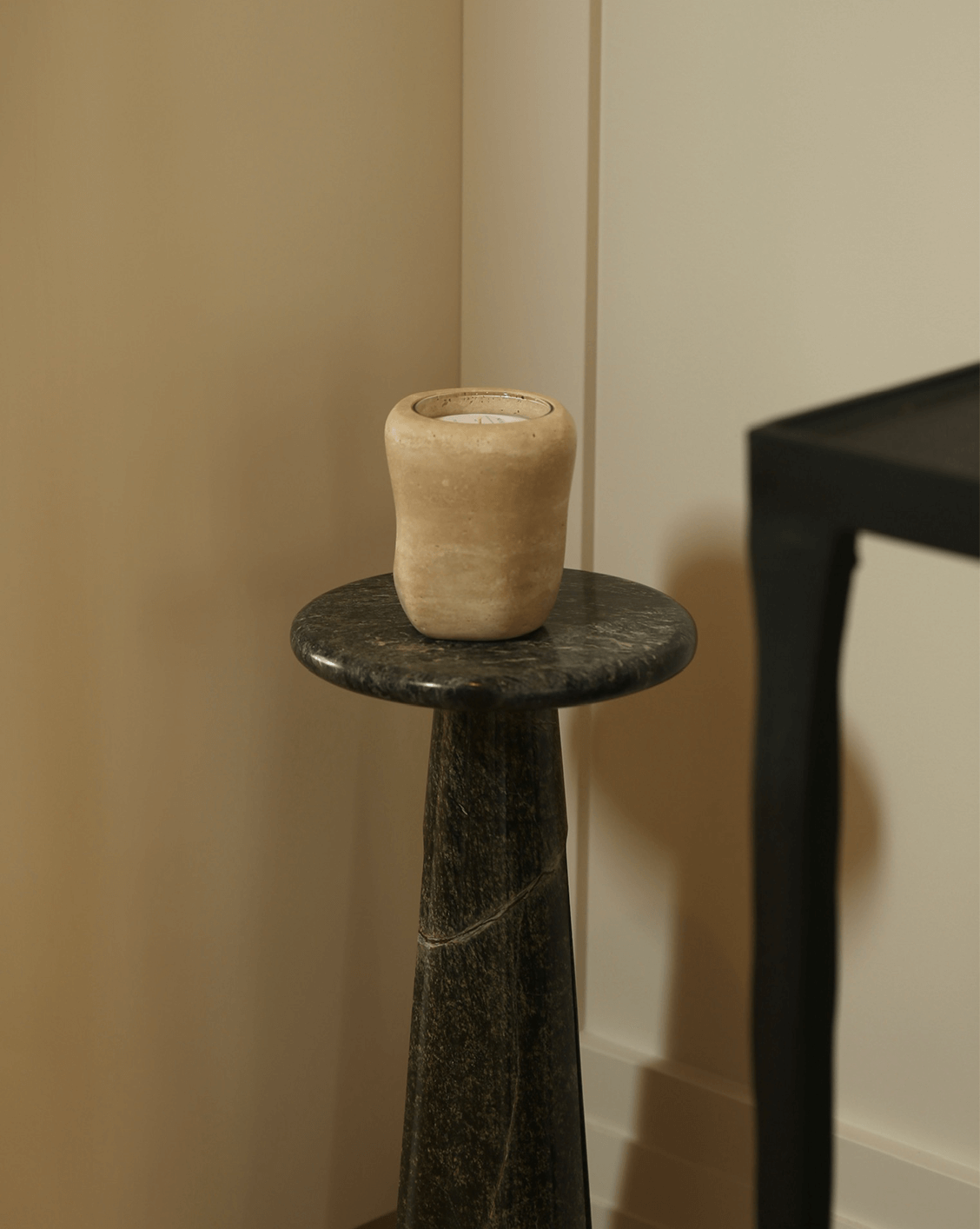 Beige Travertine Refillable Stone Candle  - Natural Stone Vessel & Candle Insert