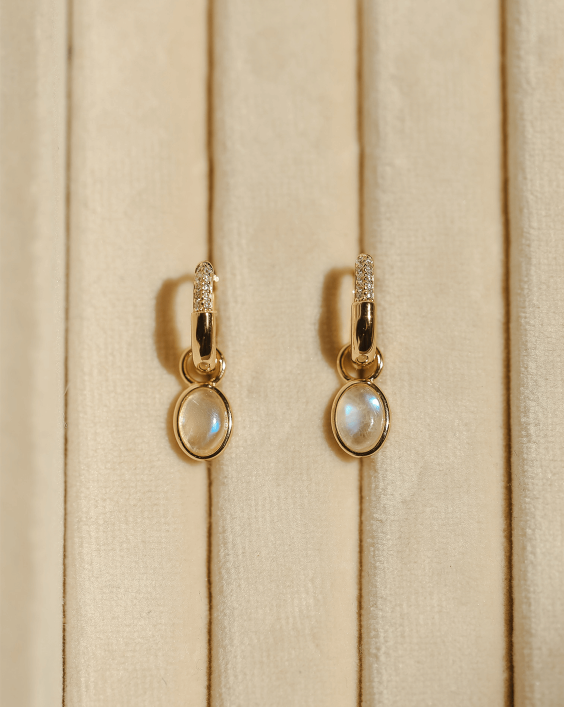 Moonstone Drop Huggies - Gold Vermeil